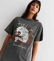New Look Dark Grey Acid Wash Eternal Leopard Logo Oversized T-Shirt